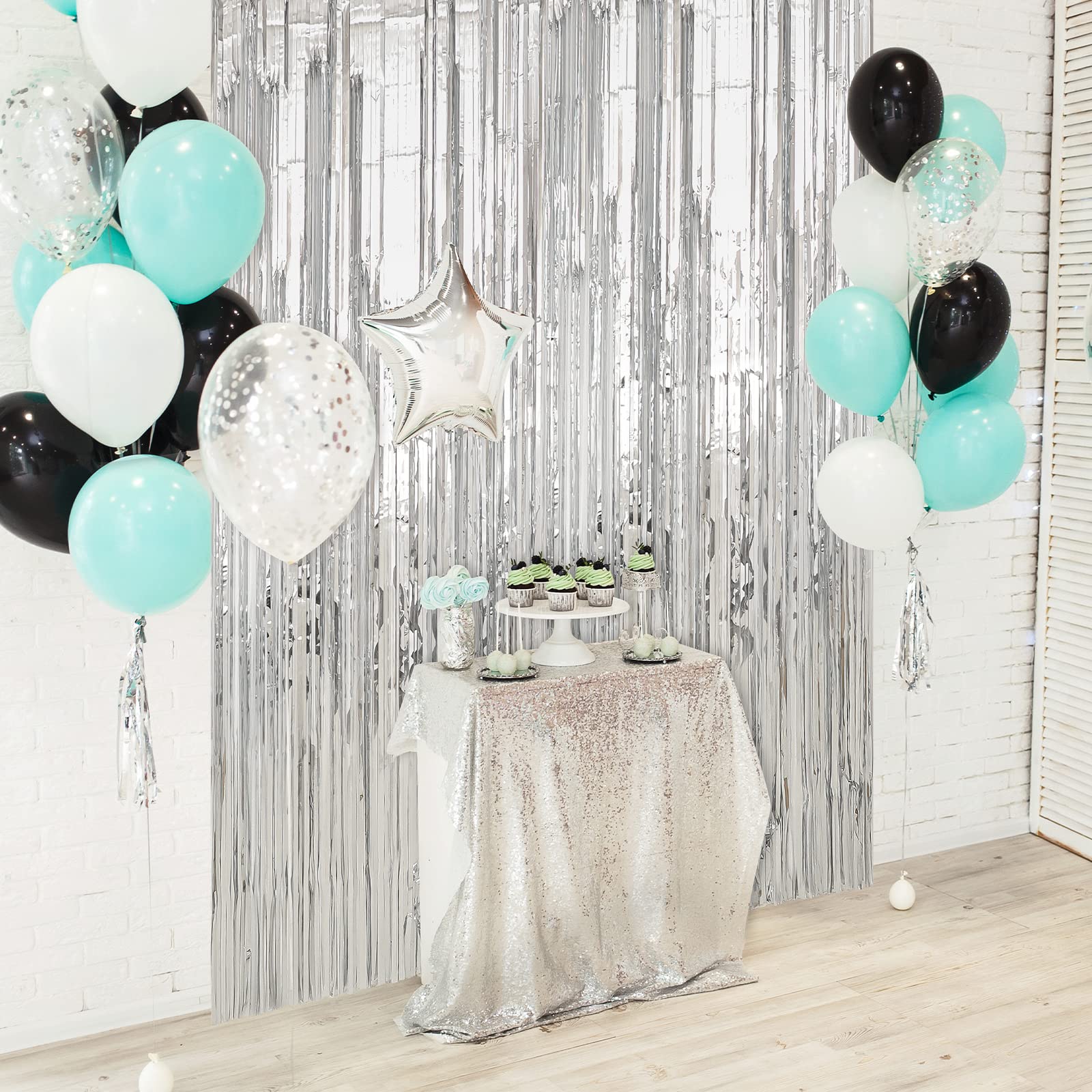 Crosize 4 Pack 3.3 x 8.2 ft Foil Fringe Curtains Party Decorations, Silver Tinsel Curtain Backdrop for Parties, Door Streamers, Glitter Streamer Fringe Backdrop for Birthday Decoration (Silver)