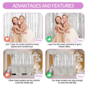 Crosize 4 Pack 3.3 x 8.2 ft Foil Fringe Curtains Party Decorations, Silver Tinsel Curtain Backdrop for Parties, Door Streamers, Glitter Streamer Fringe Backdrop for Birthday Decoration (Silver)