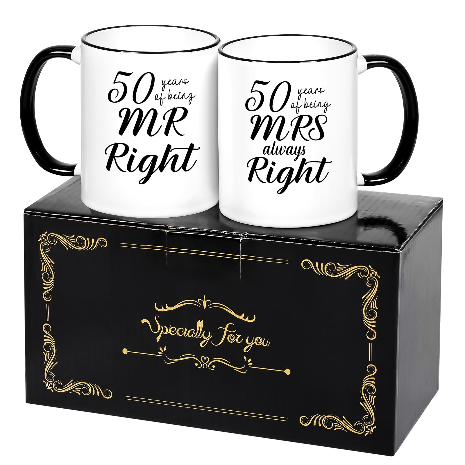 YHRJWN - 50th Wedding Gifts, 50 Years of Being Mr & Mrs Always Right Mug Set, Best 50th Wedding Gifts Ideas for Parents Couple, White with Black Handle 11 Oz