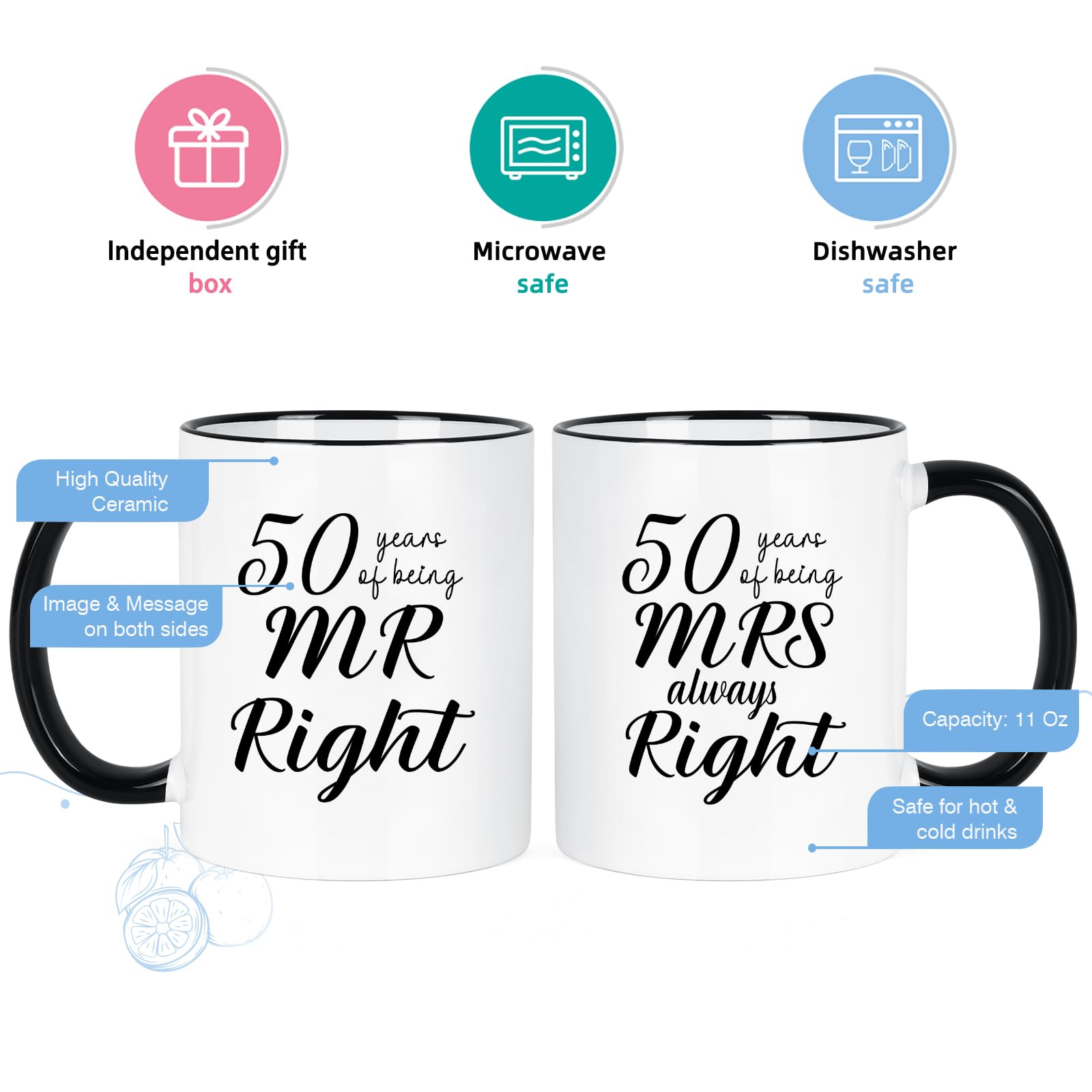 YHRJWN - 50th Wedding Gifts, 50 Years of Being Mr & Mrs Always Right Mug Set, Best 50th Wedding Gifts Ideas for Parents Couple, White with Black Handle 11 Oz