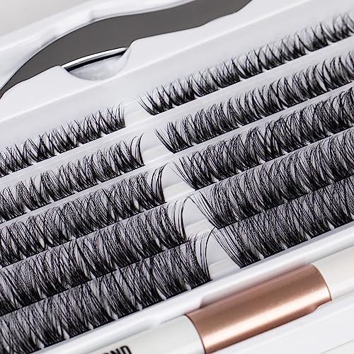 Individual Lashes 120 Cluster Lashes DIY Eyelash Extension Thin Band Wide Stem Lash Clusters with Applicator and Lash Bond and Seal Lash Extension Kit Mix 10-16mm Length C/D Curl - OP01