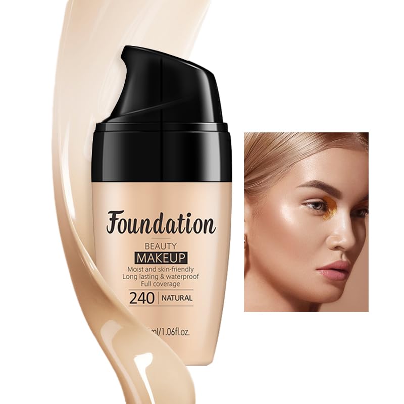 AKARY Flawless Finish Liquid Foundation, Moisturizer Long-Lasting Makeup Full Coverage Primer Face Makeup, Improves Uneven Skin Tone, Pore Minimizer, Lightweight,1.06Fl Oz (240 Natural Color)