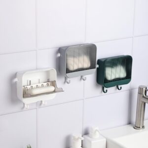 RAMFIYN White Plastic Wall Mounted Soap Saver for Shower with Hanger for Bath Ball, Adhesive Wall Mount Self Draining Soap Dish for Bathroom Flip-top Soap Box