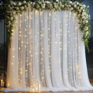 10x10ft white tulle backdrop curtain with lights string for parites, sheer backdrop curtains for wedding baby shower birthday party photo shoot decorations