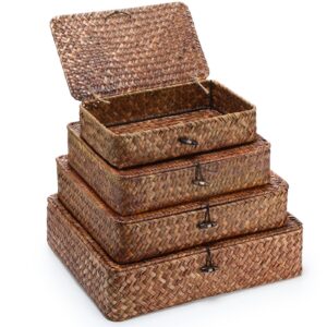 didaey set of 4 seagrass basket with lid wicker storage basket decorative storage boxes with lids flat storage bins woven organizer baskets for shelf closet bedroom, 4 sizes (dark brown)