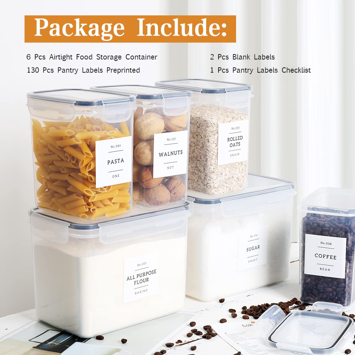 XOTAISM 6 Pcs Airtight Flour and Sugar Containers with 132 Kitchen Pantry Labels Preprinted - Stackable Plastic Cereal Storage Canisters with Lids