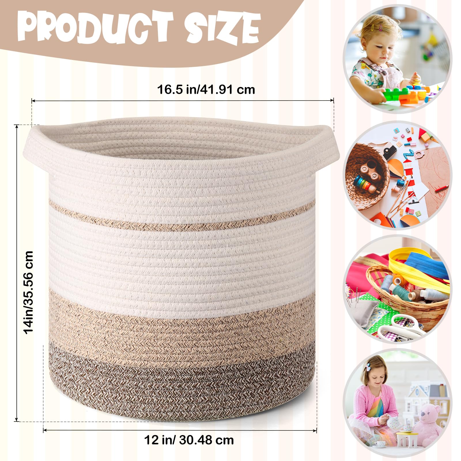 4 Pack Cotton Rope Basket 14 x 12 Inch Woven Storage Basket Baby Blanket Laundry Basket Kids Toy Baskets Hamper with Handles Decorative for Nursery Pillows Cloth Organizing Shelf Toy Storage