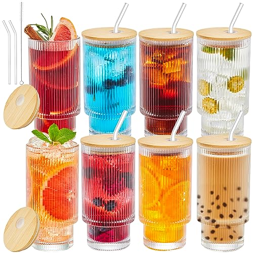 Set of 8 Glass Cups with Bamboo Lids and Straws 16oz Ribbed Glassware Set Drinking Glasses Highball Tumbler Airtight Lid Juices Iced Coffee Cups Mason Jar Drinking Cup for Cocktail Smoothies Soda Tea