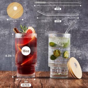 Set of 8 Glass Cups with Bamboo Lids and Straws 16oz Ribbed Glassware Set Drinking Glasses Highball Tumbler Airtight Lid Juices Iced Coffee Cups Mason Jar Drinking Cup for Cocktail Smoothies Soda Tea