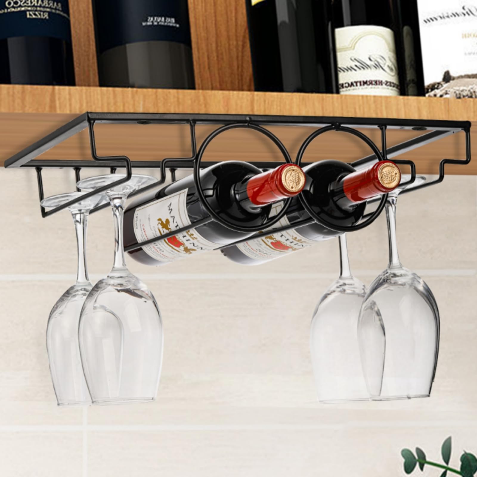 Pumtus Wine Rack Glass Holder, Under Cabinet Wine Bottle Holder Stemware Rack, Metal Wine Bottle Display Holder Glasses Storage Hanger, Kitchen Organization for Bar, Kitchen, Black