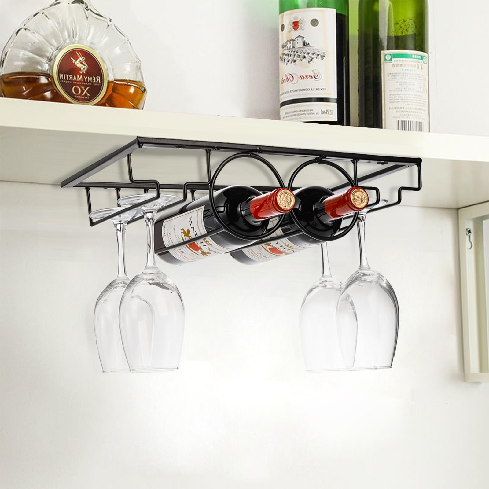 Pumtus Wine Rack Glass Holder, Under Cabinet Wine Bottle Holder Stemware Rack, Metal Wine Bottle Display Holder Glasses Storage Hanger, Kitchen Organization for Bar, Kitchen, Black