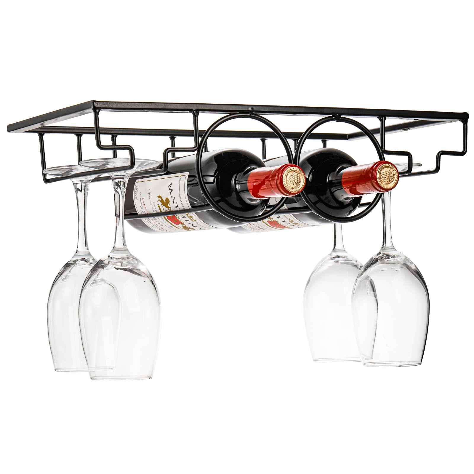 Pumtus Wine Rack Glass Holder, Under Cabinet Wine Bottle Holder Stemware Rack, Metal Wine Bottle Display Holder Glasses Storage Hanger, Kitchen Organization for Bar, Kitchen, Black