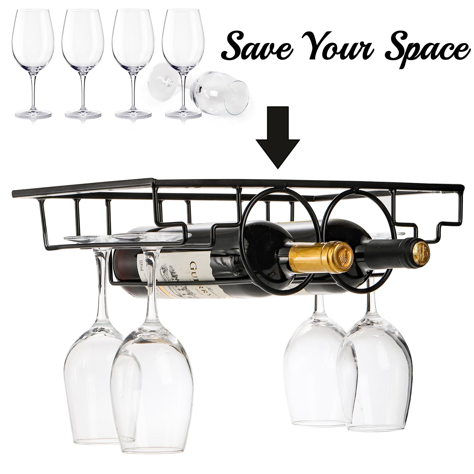 Pumtus Wine Rack Glass Holder, Under Cabinet Wine Bottle Holder Stemware Rack, Metal Wine Bottle Display Holder Glasses Storage Hanger, Kitchen Organization for Bar, Kitchen, Black