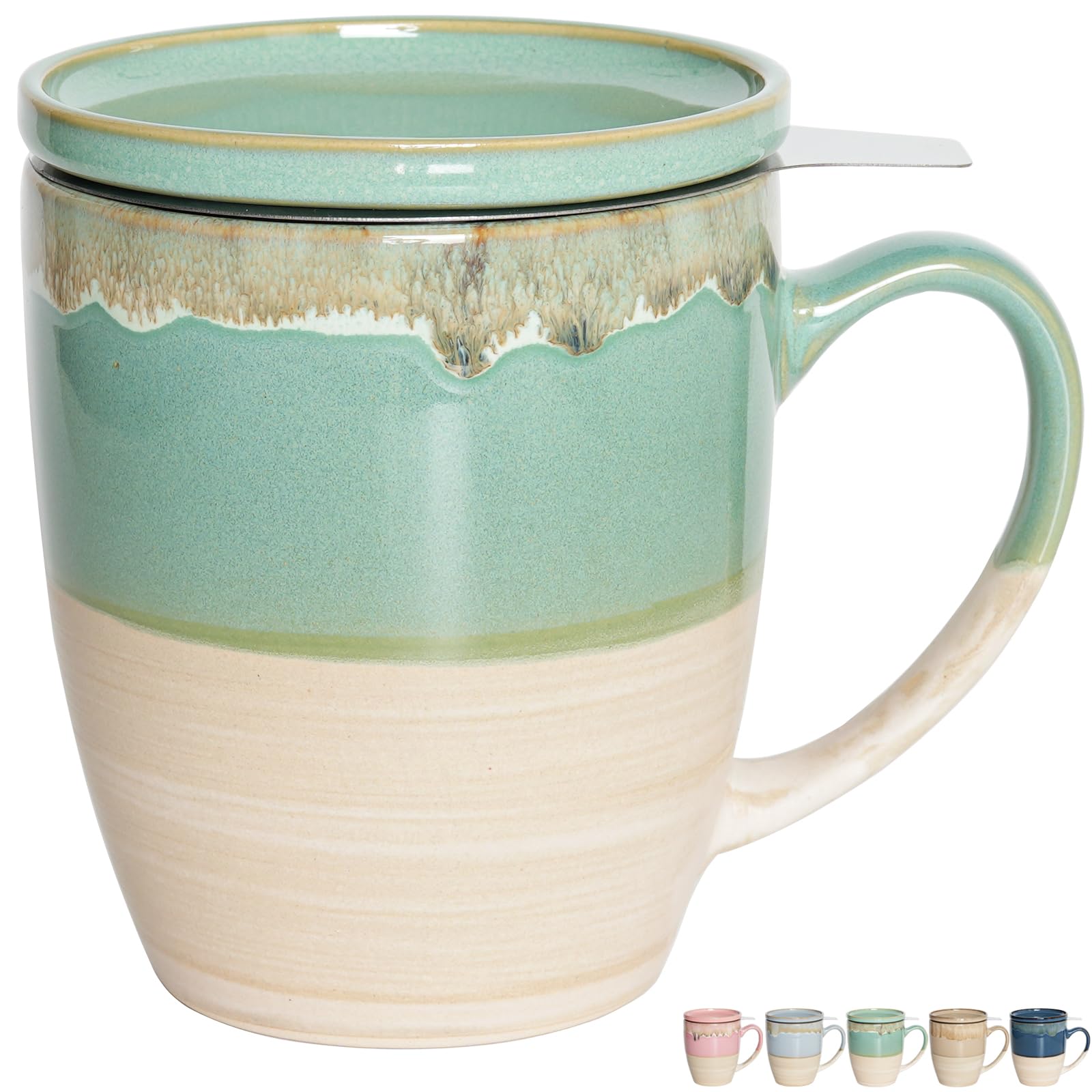 Bosmarlin Ceramic Tea Cup with Infuser and Lid, 16 Oz, Dishwasher and Microwave Safe, 5 Colors to Choose, Reactive Glaze, Steeping Tea Mug with Strainer (Green)