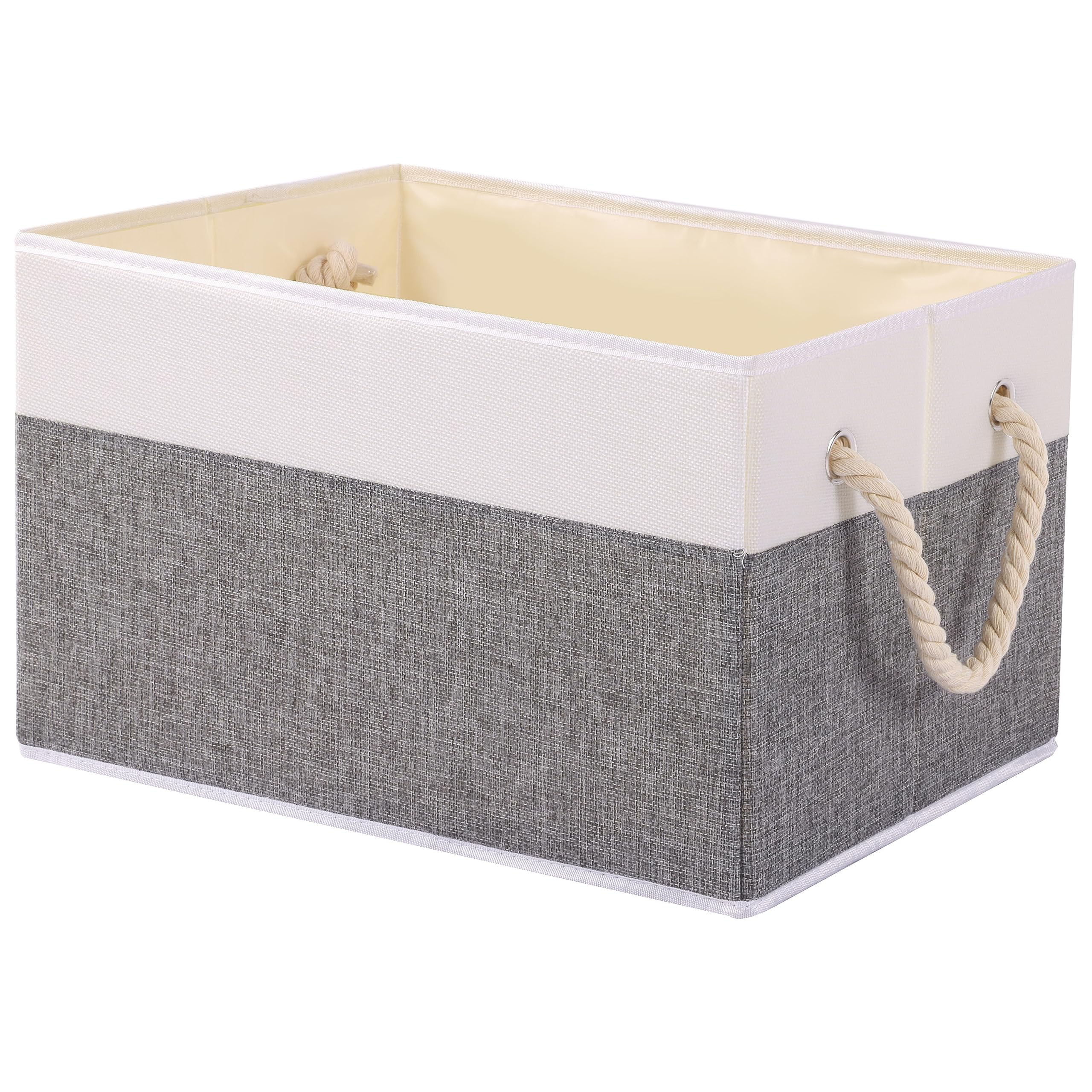 Yawinhe Foldable Storage Basket 1-Pack, Large Fabric Storage Bins with Rope Handle, Used for Organizing Shelves, Closets, Clothes Storage Box, 12.99''Lx9.05''Wx7.87''H, White/Grey