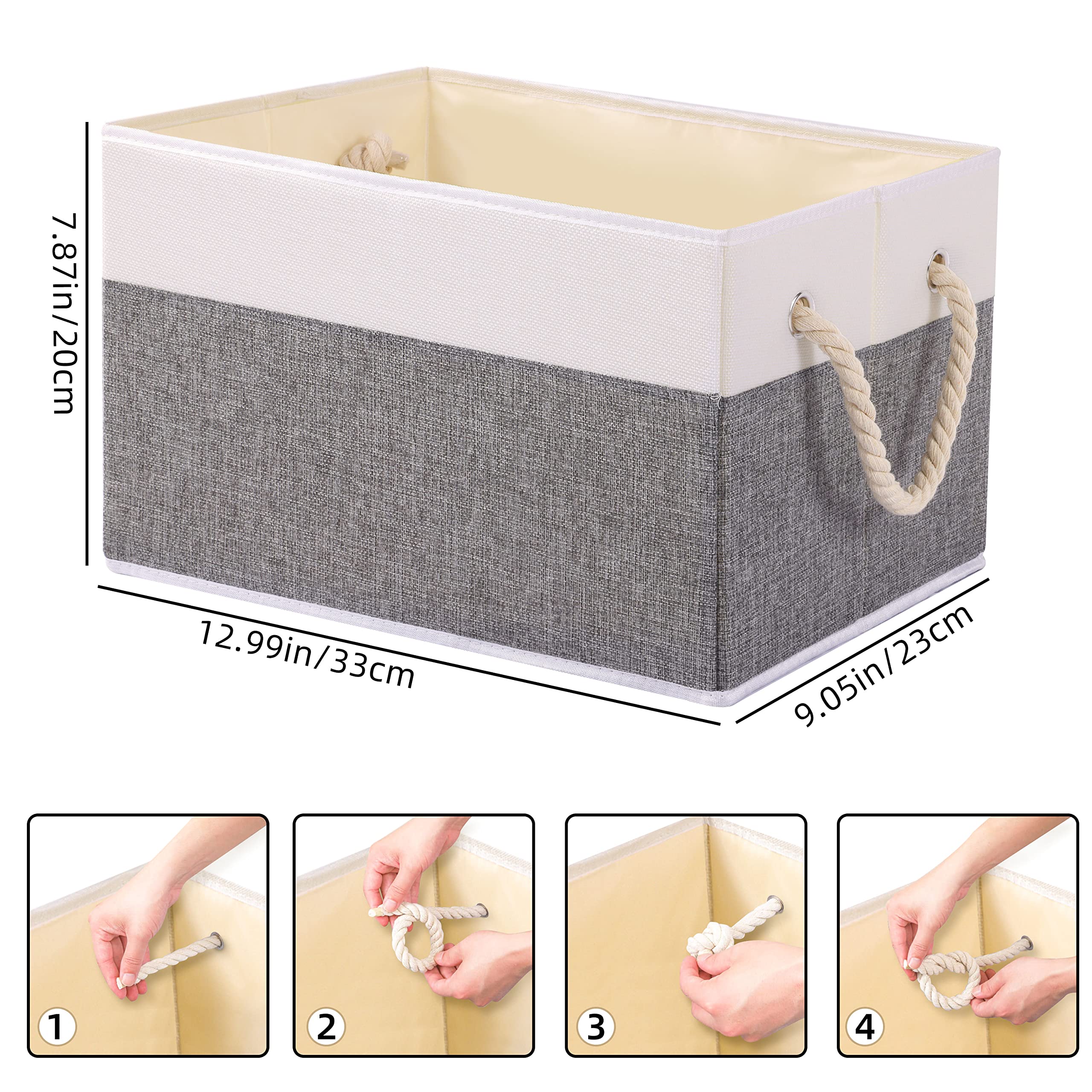 Yawinhe Foldable Storage Basket 1-Pack, Large Fabric Storage Bins with Rope Handle, Used for Organizing Shelves, Closets, Clothes Storage Box, 12.99''Lx9.05''Wx7.87''H, White/Grey