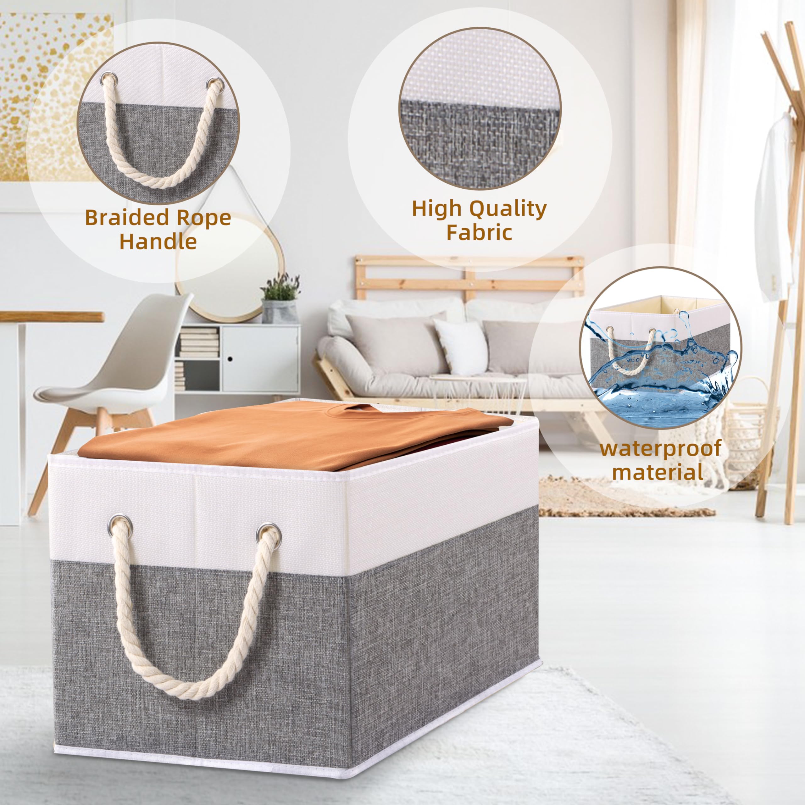 Yawinhe Foldable Storage Basket 1-Pack, Large Fabric Storage Bins with Rope Handle, Used for Organizing Shelves, Closets, Clothes Storage Box, 12.99''Lx9.05''Wx7.87''H, White/Grey