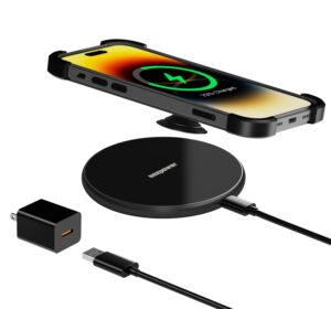 eazpower wireless phone charger pad for popsocket/otterbox/thick cases up to 10mm, 15w max wireless charging pad compatible with iphone 15/14/13/12/11 and samsung galaxy s23/s22 (adapter included)