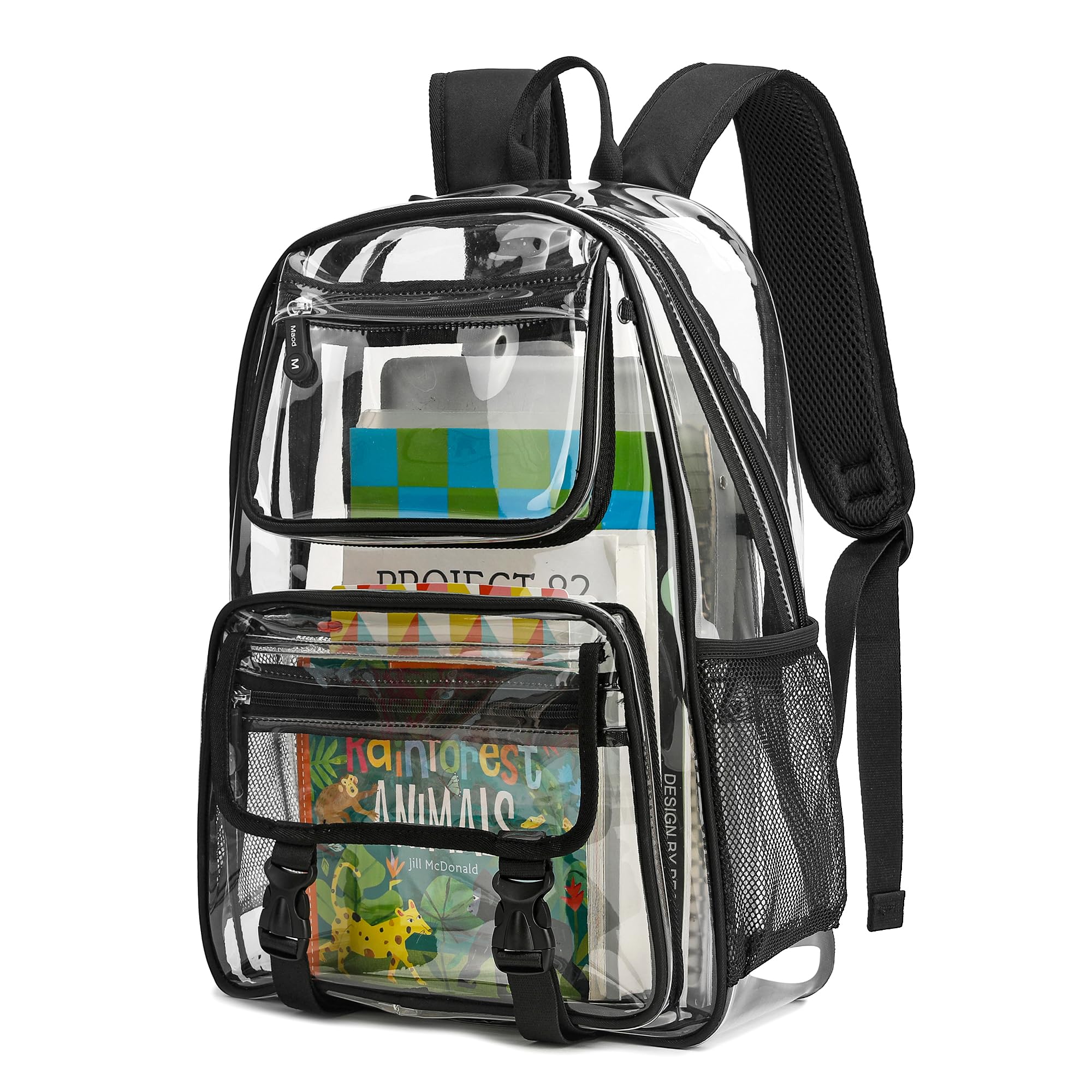 Maod Clear Backpack Stadium Approved Heavy Duty for School Kids Large PVC Transparent Bookbags with Padded Shoulders (Black)