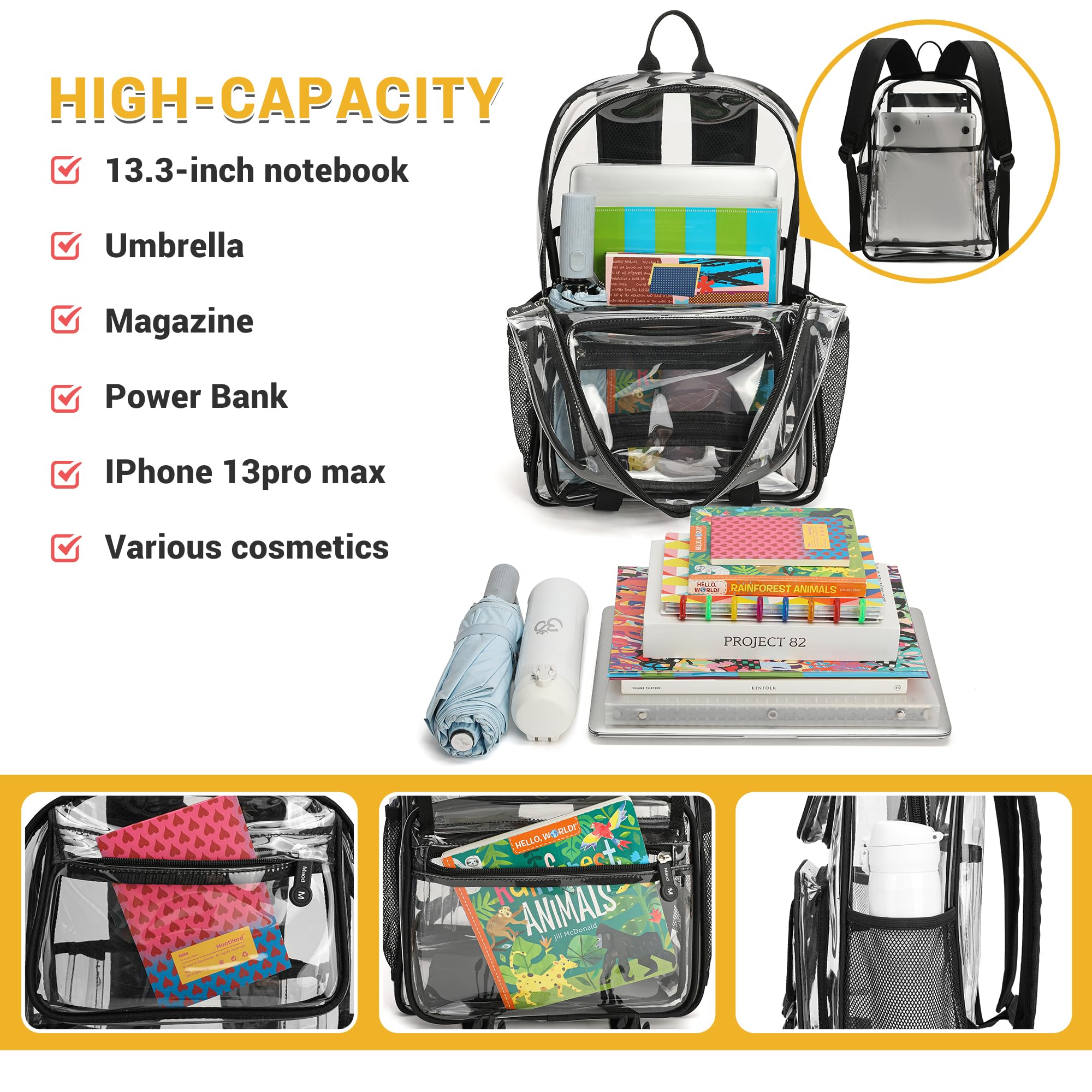 Maod Clear Backpack Stadium Approved Heavy Duty for School Kids Large PVC Transparent Bookbags with Padded Shoulders (Black)