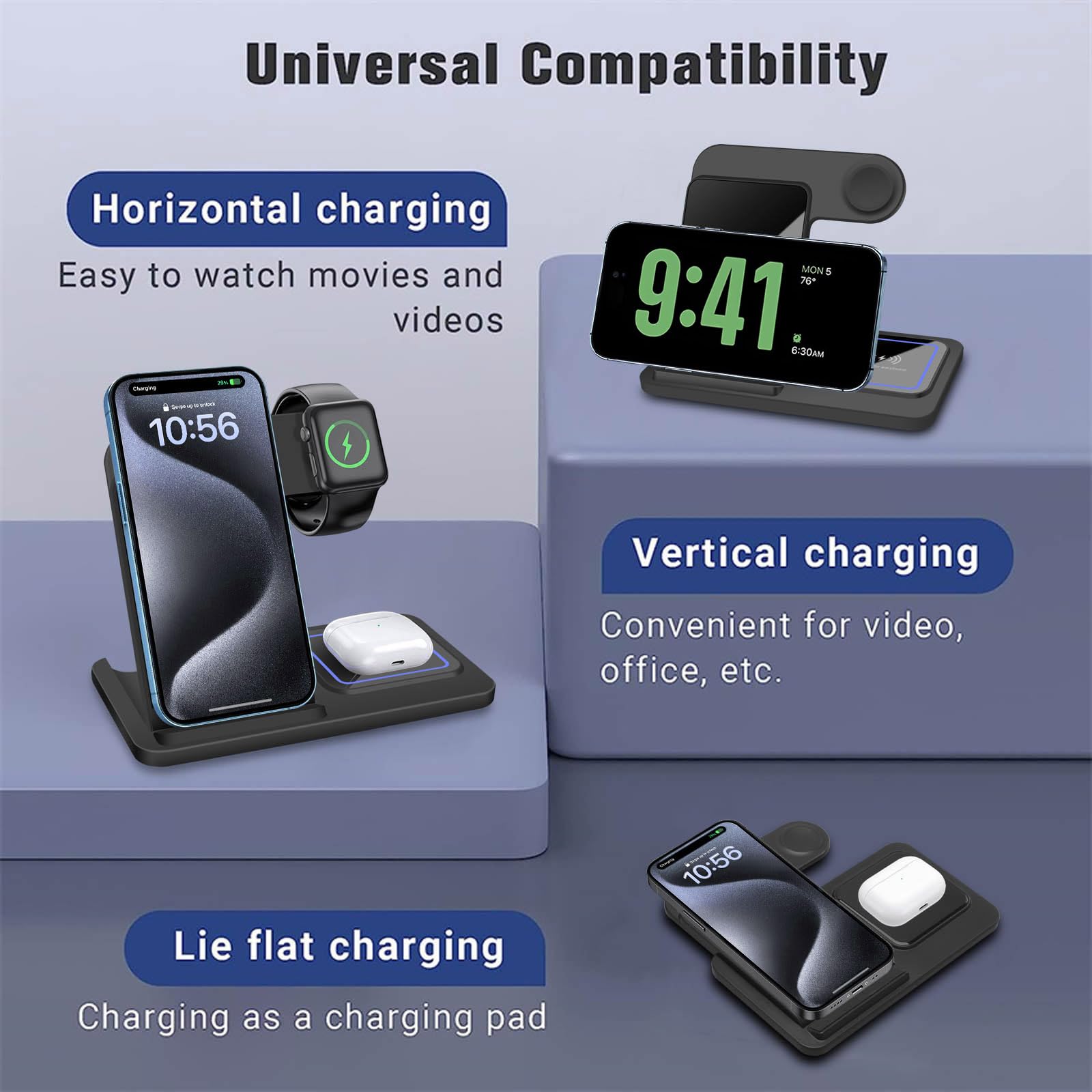 Wireless Charger,VNBBT 3 in 1 Wireless Charging Station Foldable for Apple iPhone/iWatch/Airpods,iPhone 15 14,13,12,11(Pro,Pro Max)/XR/XS/X/8(Plus),iWatch Ultra 9 8 7 6 SE 5 4 AirPods(No Adapter)