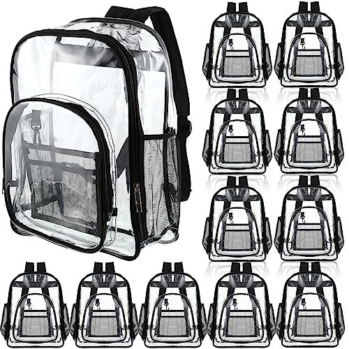 Sadnyy 12 Pcs Clear Backpack Bulk Heavy Duty Stadium Approved Transparent Bookbag PVC See Through Bag for School Work Concert (Black)