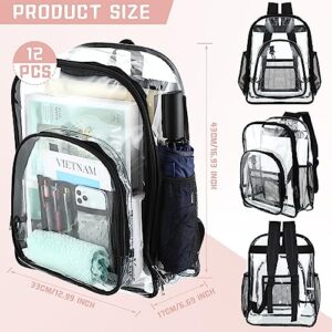 Sadnyy 12 Pcs Clear Backpack Bulk Heavy Duty Stadium Approved Transparent Bookbag PVC See Through Bag for School Work Concert (Black)