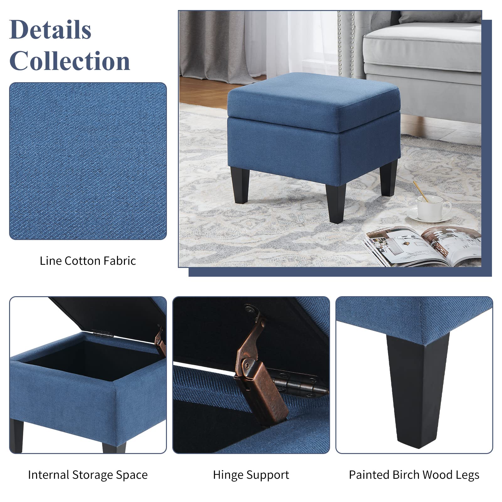 Kinmars Blue Ottoman with Storage, 15-17 Inches, Linen Fabric, Footrest