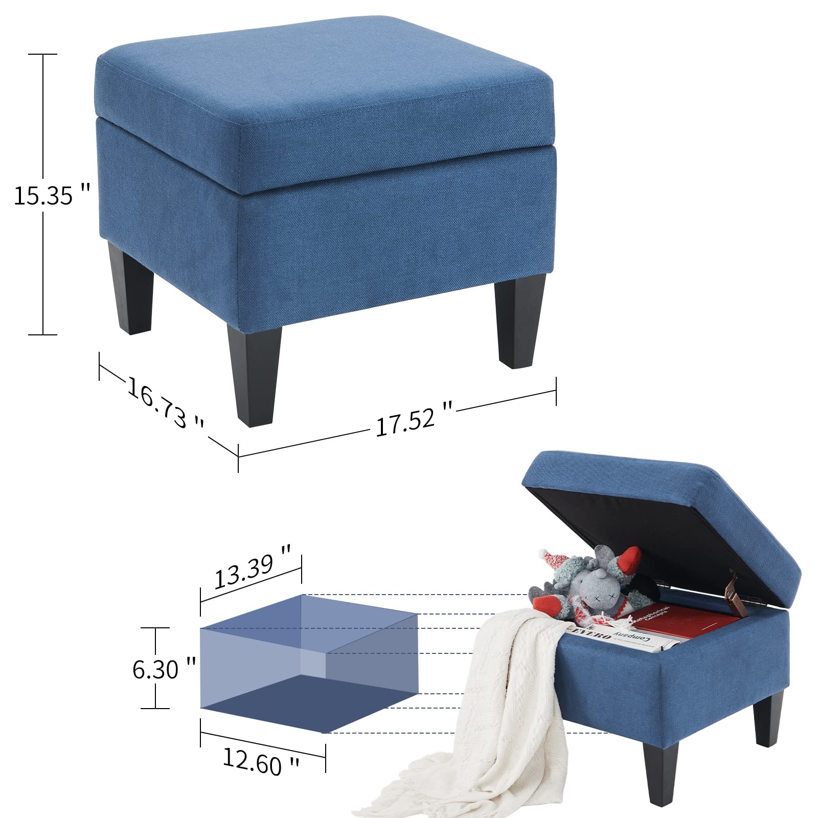 Kinmars Blue Ottoman with Storage, 15-17 Inches, Linen Fabric, Footrest