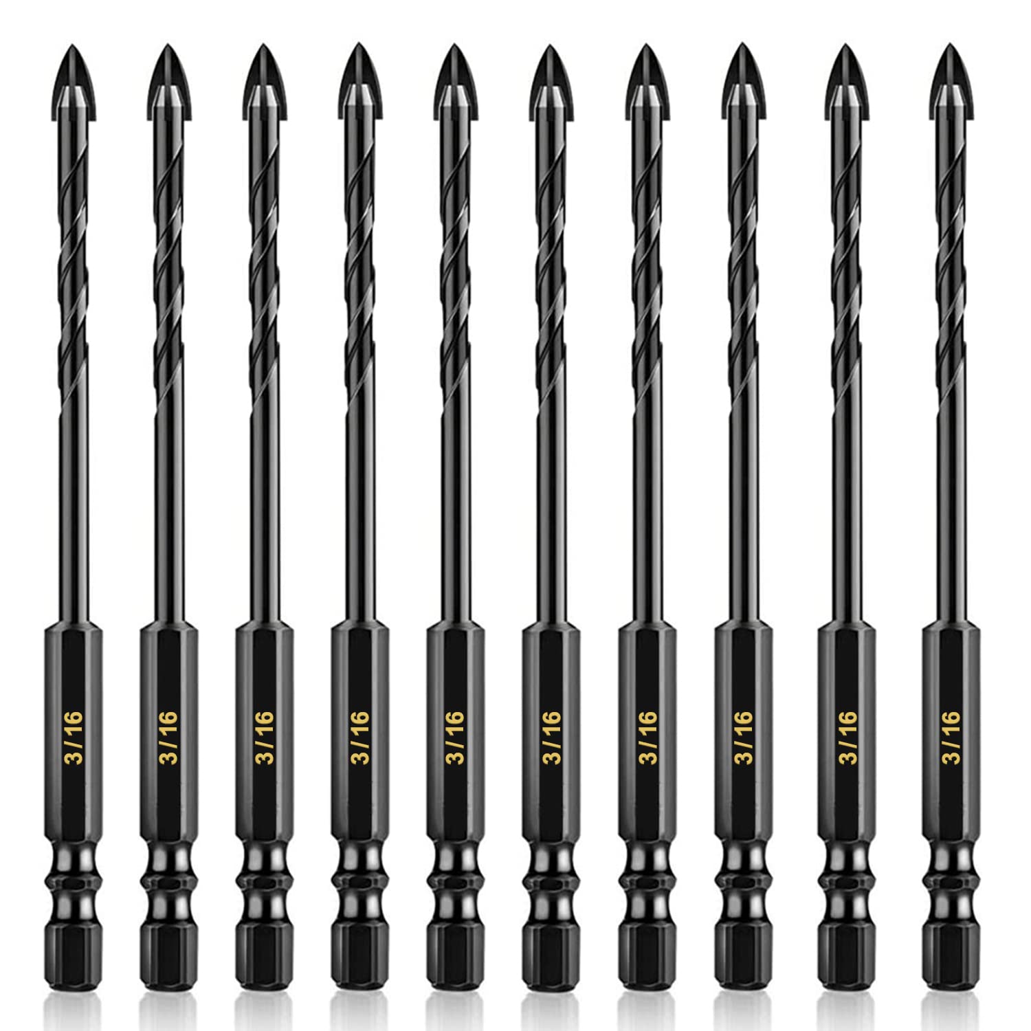 AVERZELLA 3/16" Tungsten Carbide Concrete Drill Bit Set with Four-Cross Edge& Hex Shank,10 PCS 5mm Drill Bits for Metal,Masonry Drill Bit Set 3/16 Inch for Tile/Ceramic/Glass/Mirror/Brick/Cement