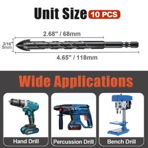 AVERZELLA 3/16" Tungsten Carbide Concrete Drill Bit Set with Four-Cross Edge& Hex Shank,10 PCS 5mm Drill Bits for Metal,Masonry Drill Bit Set 3/16 Inch for Tile/Ceramic/Glass/Mirror/Brick/Cement