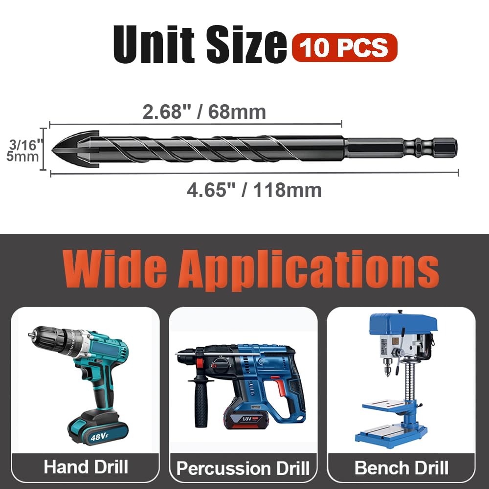 AVERZELLA 3/16" Tungsten Carbide Concrete Drill Bit Set with Four-Cross Edge& Hex Shank,10 PCS 5mm Drill Bits for Metal,Masonry Drill Bit Set 3/16 Inch for Tile/Ceramic/Glass/Mirror/Brick/Cement