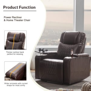 Merax Power Recliner Chair, Leather Lazy Boy Single Sofa with Cup Holders, Tray Table and Storage, 37.8" D x 35.8" W x 42.1" H, Brown