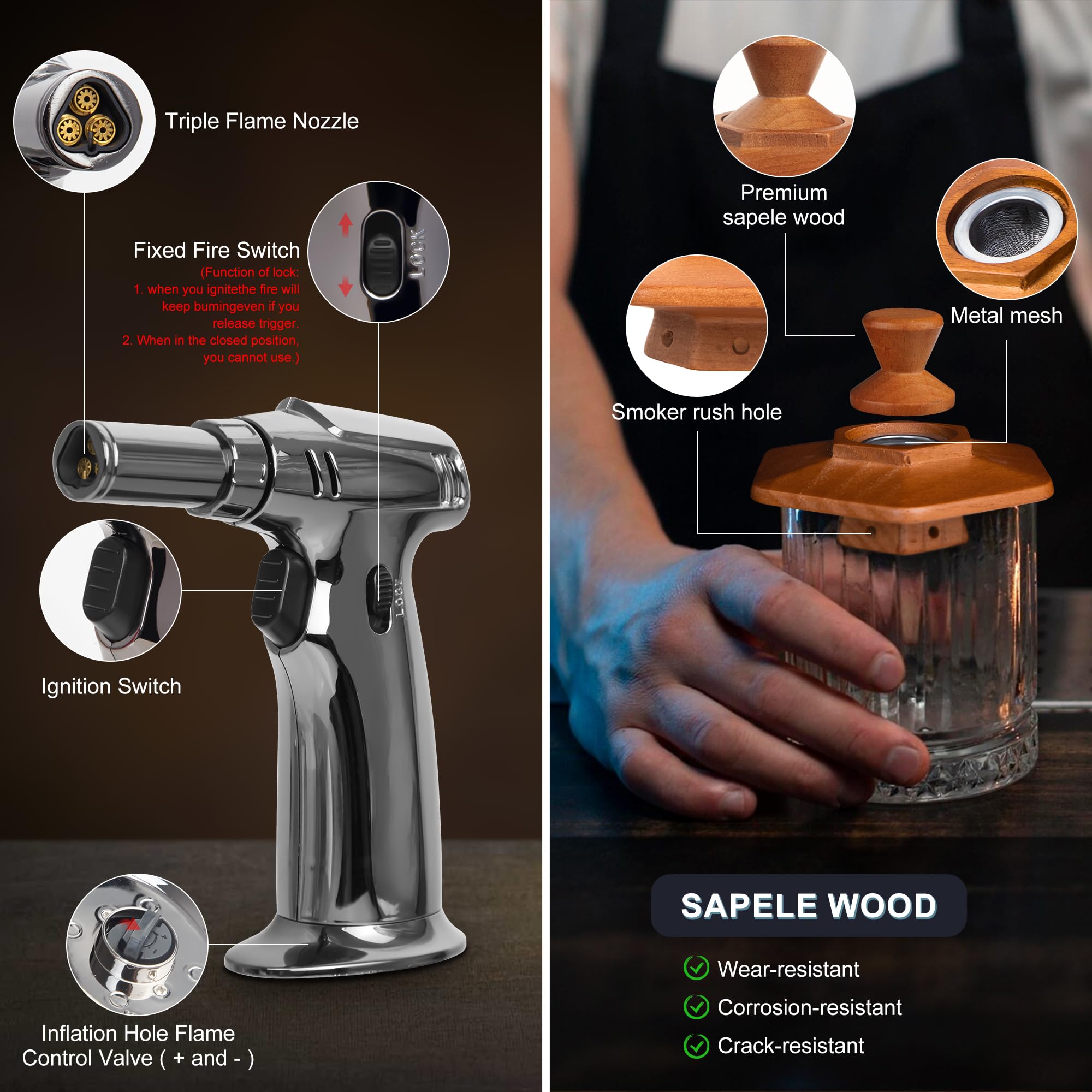 Cocktail Smoker Kit with Torch, 4 Flavors Wood Chips, Fashioned/Bourbon/Drink Smoker Infuser Kit, Birthday Anniversary Unique Gifts for Dad Boyfriend Husband Grandpa(No Butane)