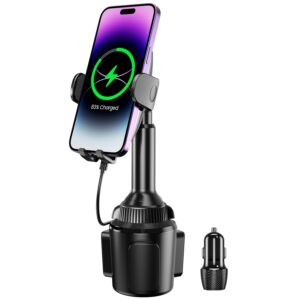 oqtiq wireless car charger 15w cup holder phone mount adjustable car phone holder charger with qc 3.0 adapter compatible with iphone 14/13/12 pro max, samsung, pixel, lg & more