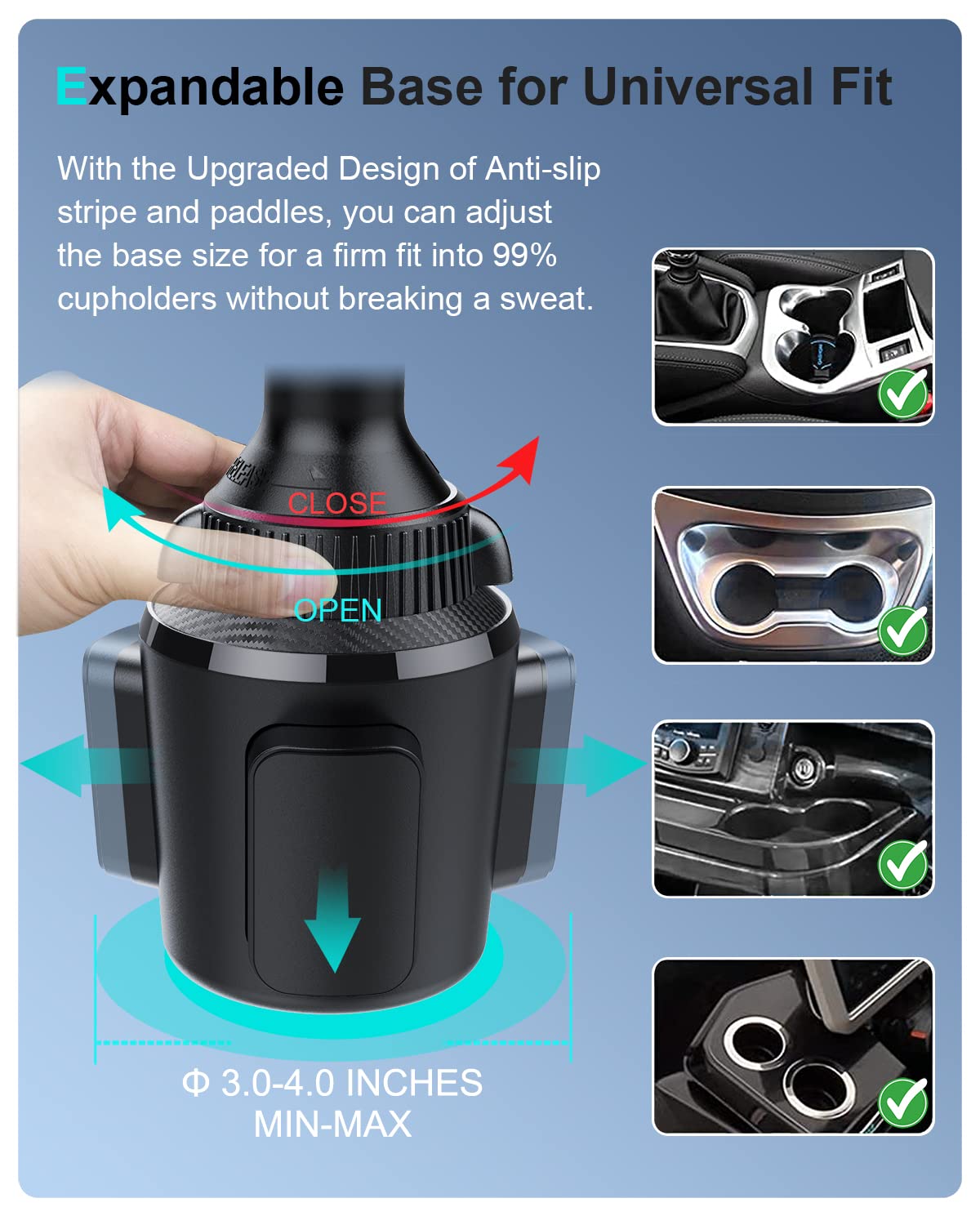 OQTIQ Wireless Car Charger 15W Cup Holder Phone Mount Adjustable Car Phone Holder Charger with QC 3.0 Adapter Compatible with iPhone 14/13/12 Pro Max, Samsung, Pixel, LG & More