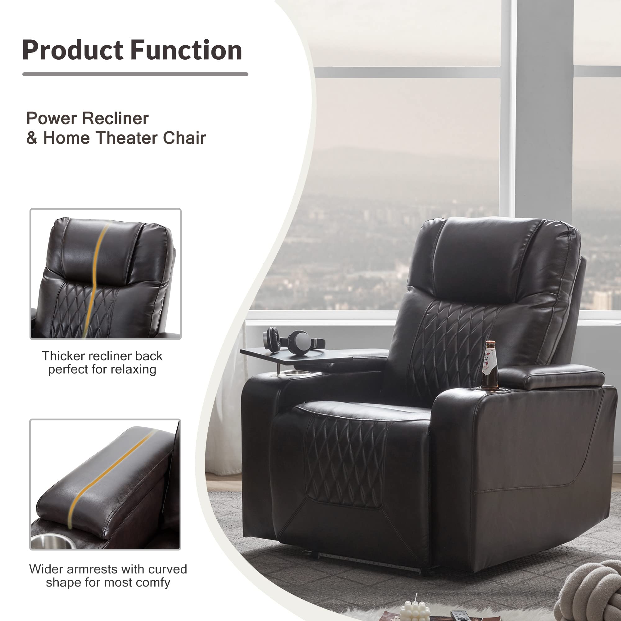 Merax Lazy Boy Recliner Chair, Power Leather Single Sofa, with Cup Holders, Tray Table and Storage, Black