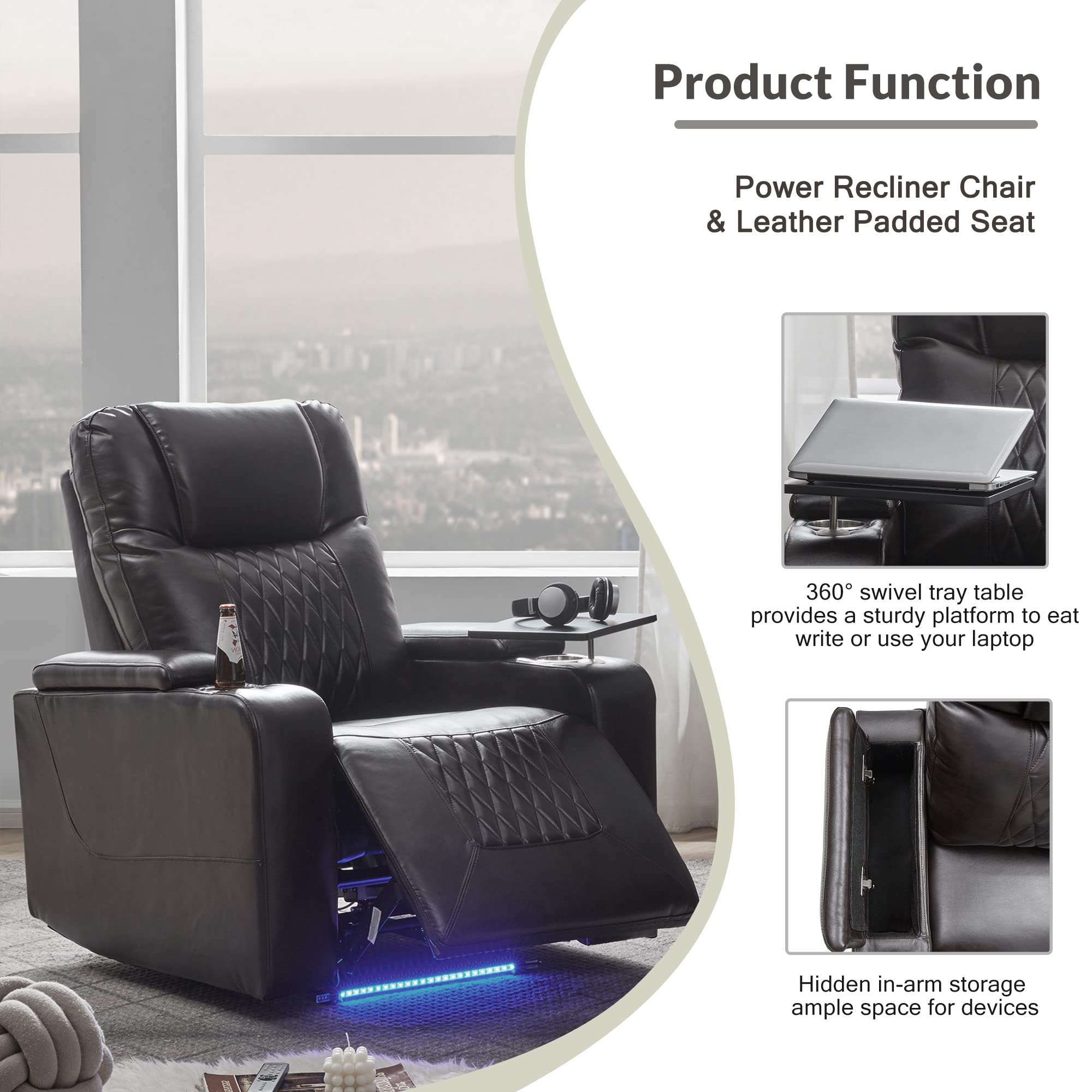 Merax Lazy Boy Recliner Chair, Power Leather Single Sofa, with Cup Holders, Tray Table and Storage, Black