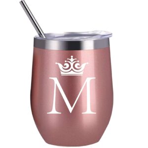cofoza letter m initial gifts for woman men 12 oz stainless steel wine tumbler drink cup monogram mug personalized birthday wedding bridesmaid proposal engagement christmas gift (m)