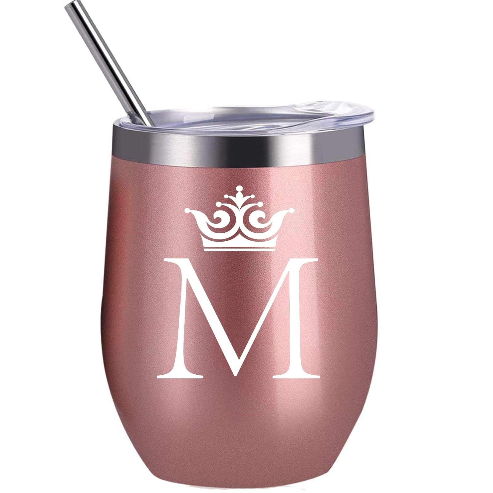 COFOZA Letter M Initial Gifts for Woman Men 12 Oz Stainless Steel Wine Tumbler Drink Cup Monogram Mug Personalized Birthday Wedding Bridesmaid Proposal Engagement Christmas Gift (M)