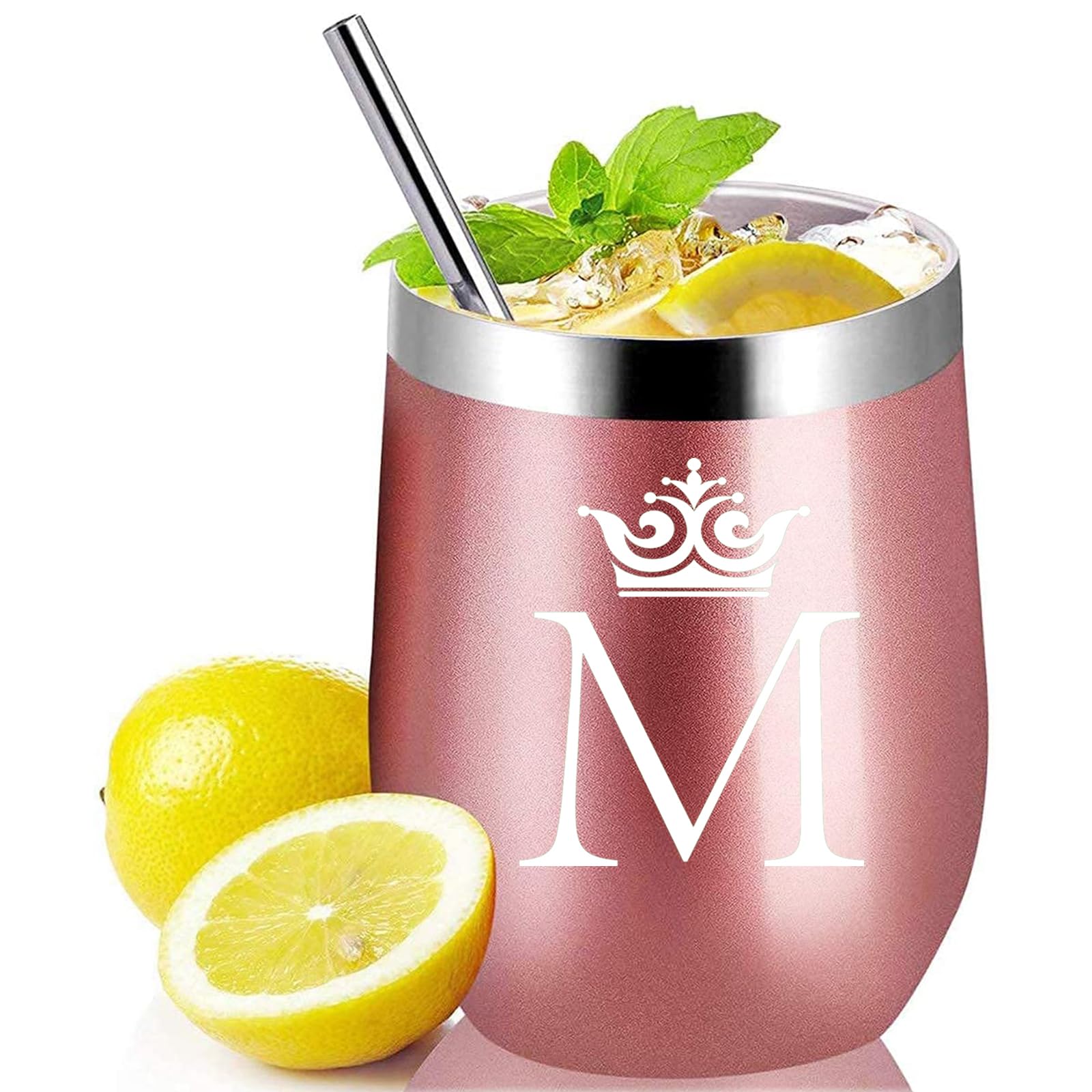 COFOZA Letter M Initial Gifts for Woman Men 12 Oz Stainless Steel Wine Tumbler Drink Cup Monogram Mug Personalized Birthday Wedding Bridesmaid Proposal Engagement Christmas Gift (M)