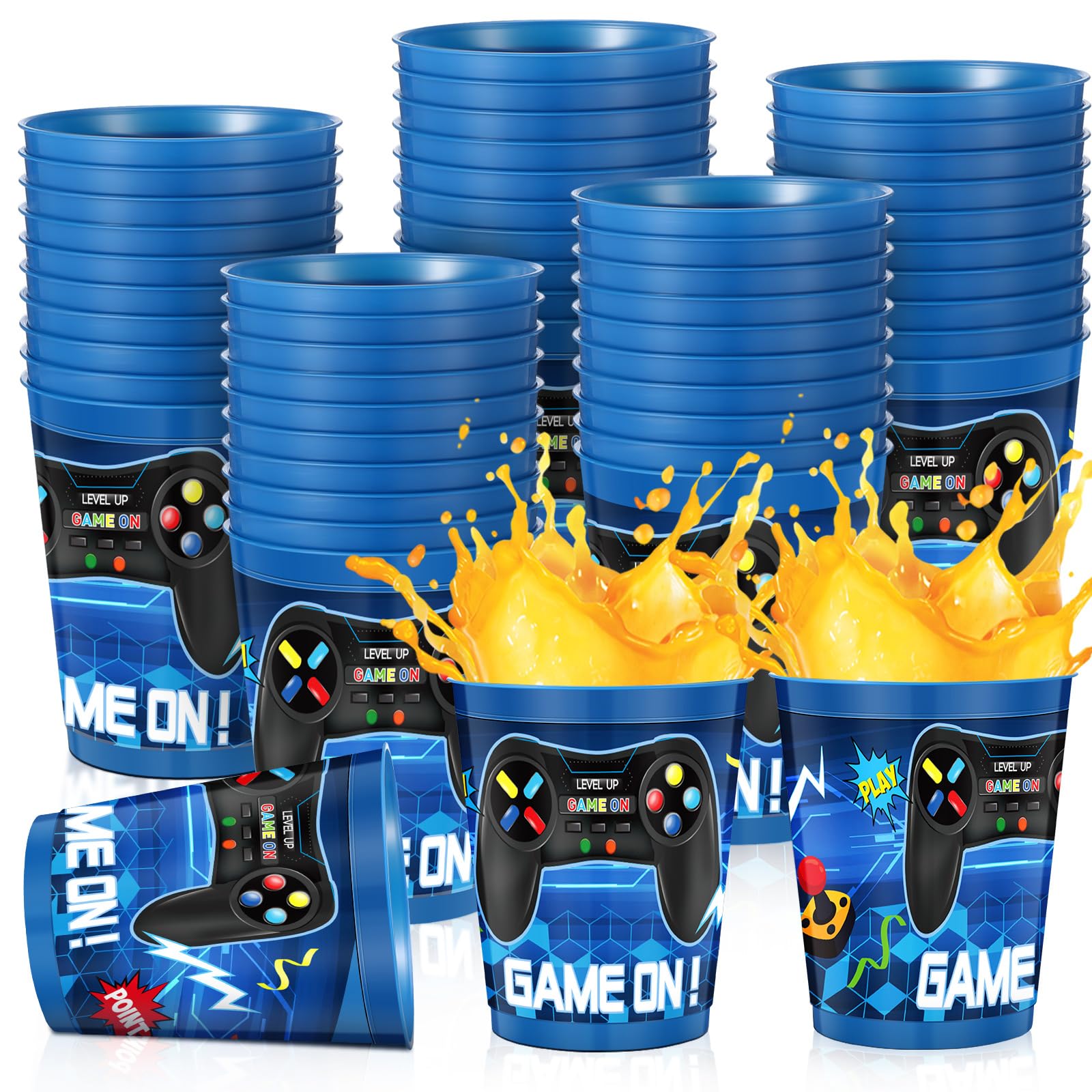 Tanlade 50 Pieces 16 oz Video Game Plastic Cups Video Game Party Favors for Kids Game Birthday Party Supplies Plastic Drinking Cups Video Game Party Decorations (Blue)