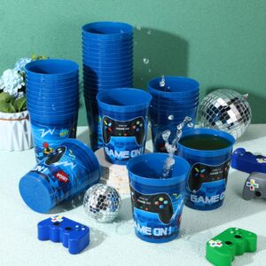 Tanlade 50 Pieces 16 oz Video Game Plastic Cups Video Game Party Favors for Kids Game Birthday Party Supplies Plastic Drinking Cups Video Game Party Decorations (Blue)