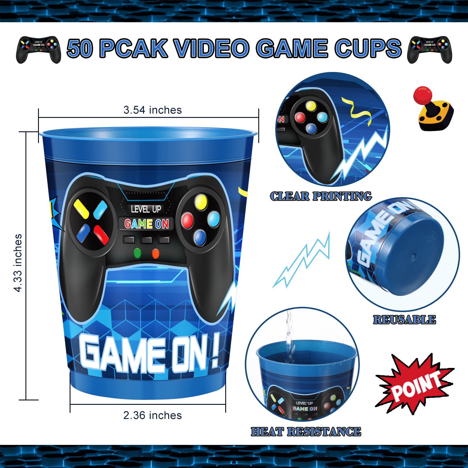 Tanlade 50 Pieces 16 oz Video Game Plastic Cups Video Game Party Favors for Kids Game Birthday Party Supplies Plastic Drinking Cups Video Game Party Decorations (Blue)