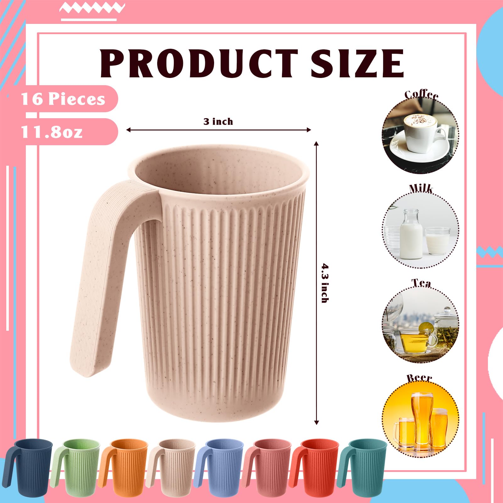 Dandat 16 Pcs Wheat Straw Cup with Handle Colorful Wheat Straw Mug Stackable Plastic Coffee Cups Set 12 oz Unbreakable Coffee Mug Reusable Plastic Mug Dishwasher Safe for Coffee Milk Tea, 4.3 x 3 Inch