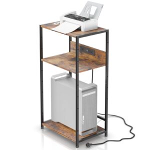 cccei black computer tower and printer stand with charging station, 3 outlets and fast charging usb ports, 3 tier movable storage shelf, tall pc case or scanner table 39 inches high for small office.