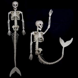 wymulot 2 pack 33 inches mermaid halloween skeleton pose-n-stay posable movable jonints hanging for halloween decoration decor spooky scene party favors