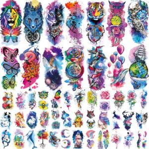 jeefonna 86 sheets temporary tattoo, 14 sheets large half arm fake tattoos, flower cat owl lion temporary tattoos for women men, 72 sheets tiny waterproof semi permanent temporary tattoos realistic for women girls kids adults