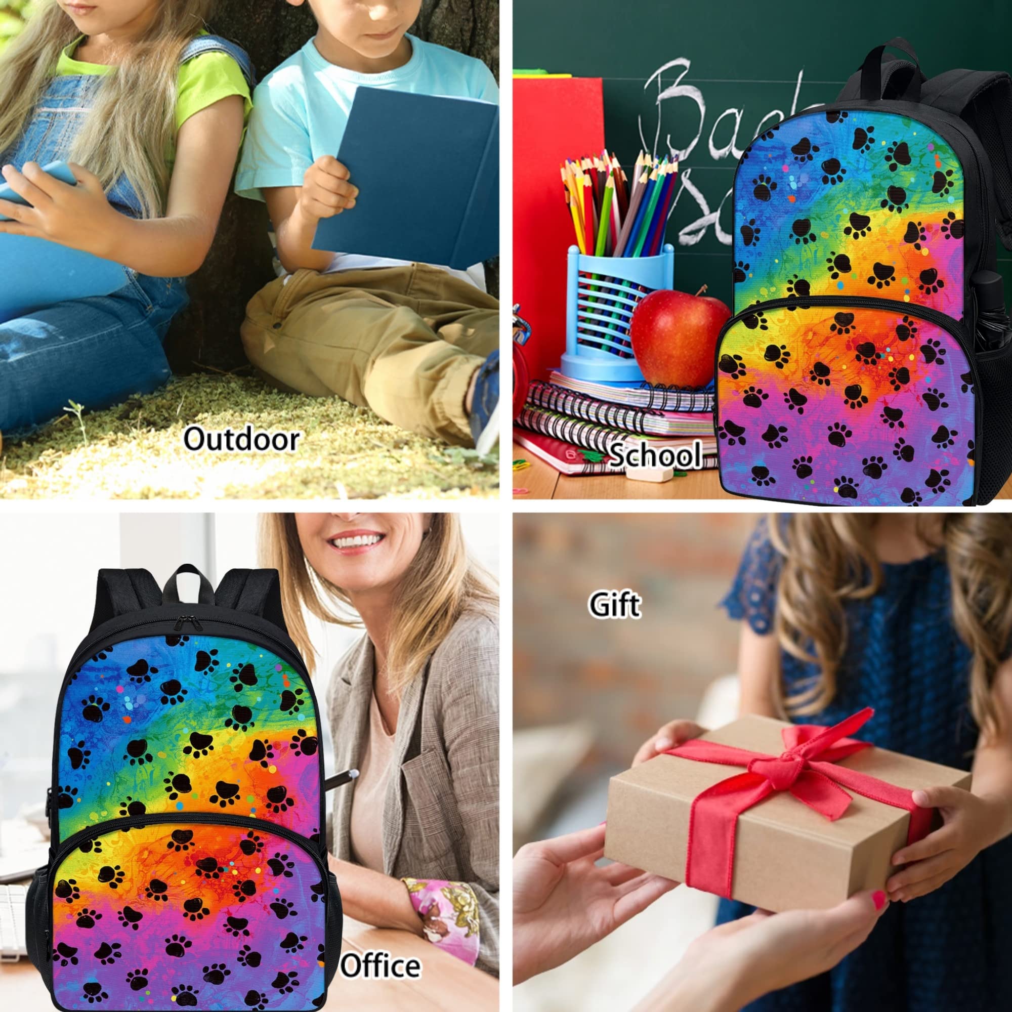 PORCLAY Rainbow Paw Print School Backpack for Kids Girls Boys Colorful Elementary Bookbag Preschool Cute Book Bag High School Lightweight with Laptop Compartment