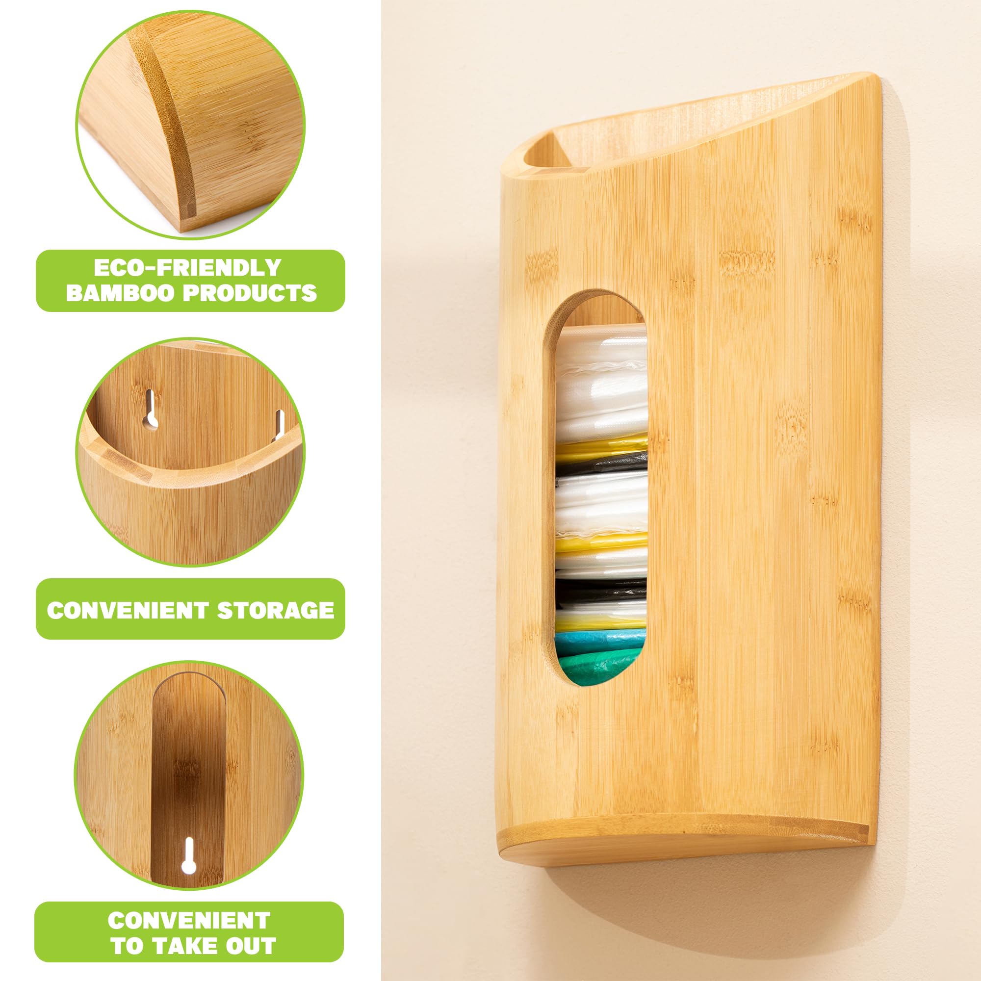 Bamboo Grocery Bag Holder,Trash Bag Dispenser,Wall Mount Plastic Bag Saver,Organizer for Plastic Bags